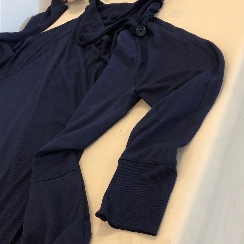 Chico’s Synergy Navy Women's Wrap Cadigan Blue Long Sleeve One Button Lagenlook - Picture 16 of 16
